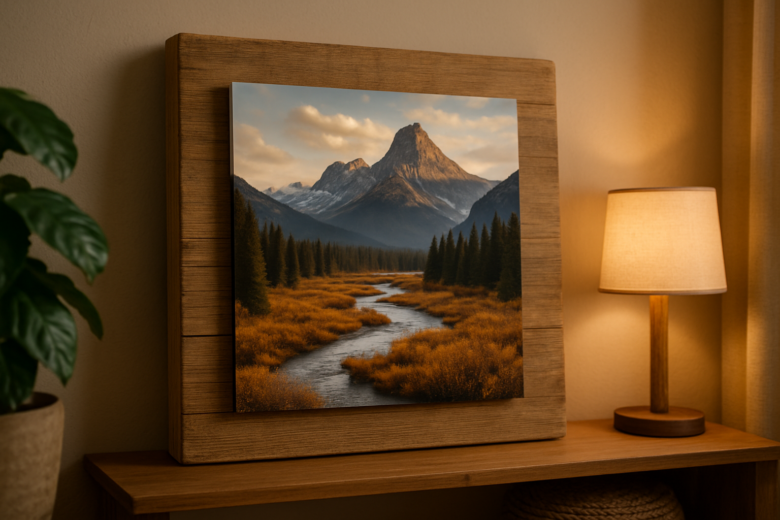 una de las fotos de la web, impresa en un tablero de madera, como decoración de casa