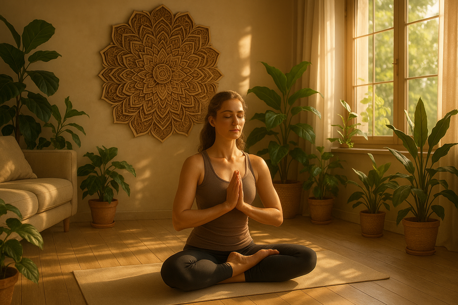 mujer que hace yoga en su sala de estar, con una mandala de madera en la pared, con el sol entrando por la ventana y plantas verdes alrededor, con atmosfera de paz y plenitud